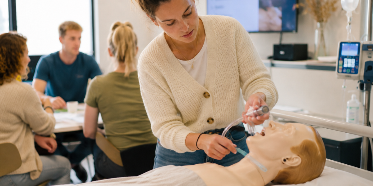 Een vrouw oefent het vrijmaken van de luchtweg op een reanimatiepop tijdens een praktische zorgtraining, terwijl andere deelnemers op de achtergrond overleggen.